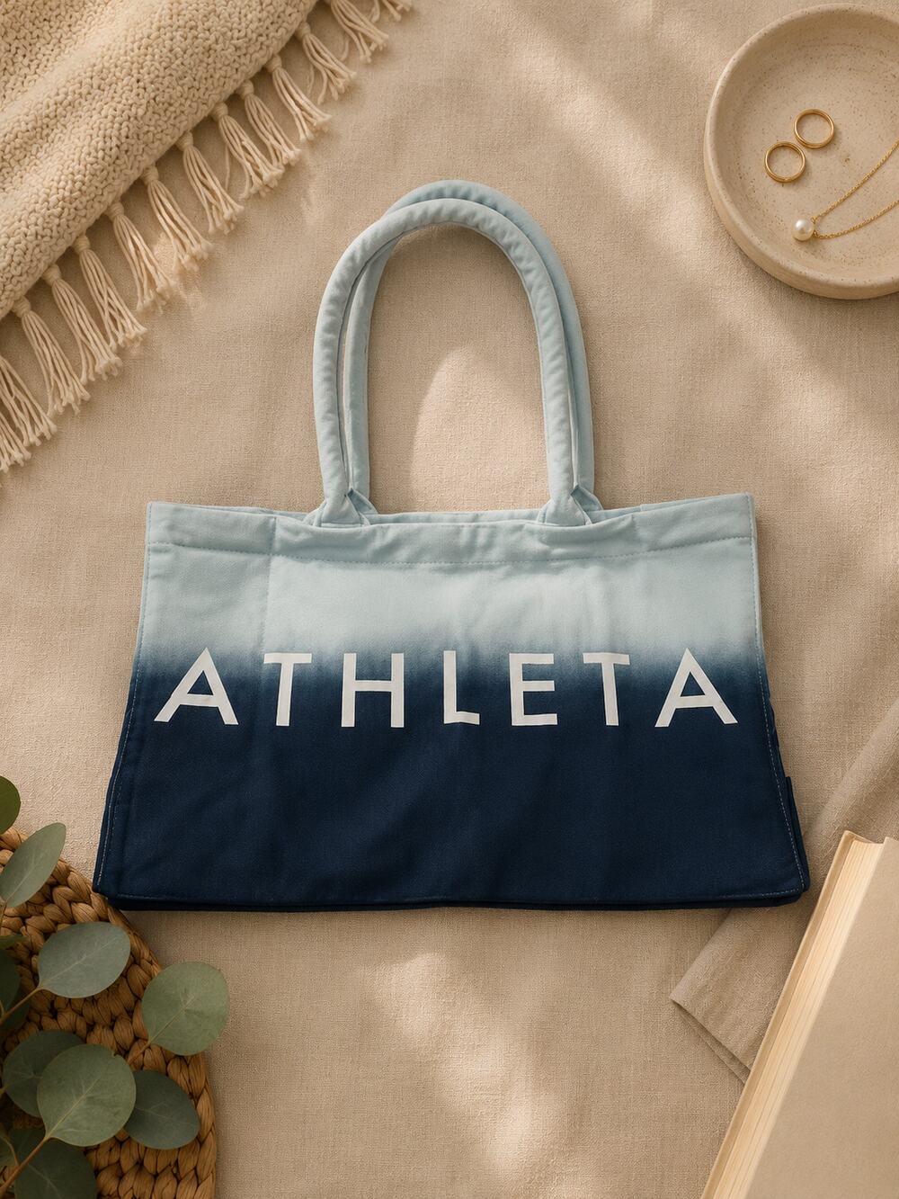 NWT Athleta Ombré Canvas Tote Bag Blue Green Logo Beach Gym Shopper